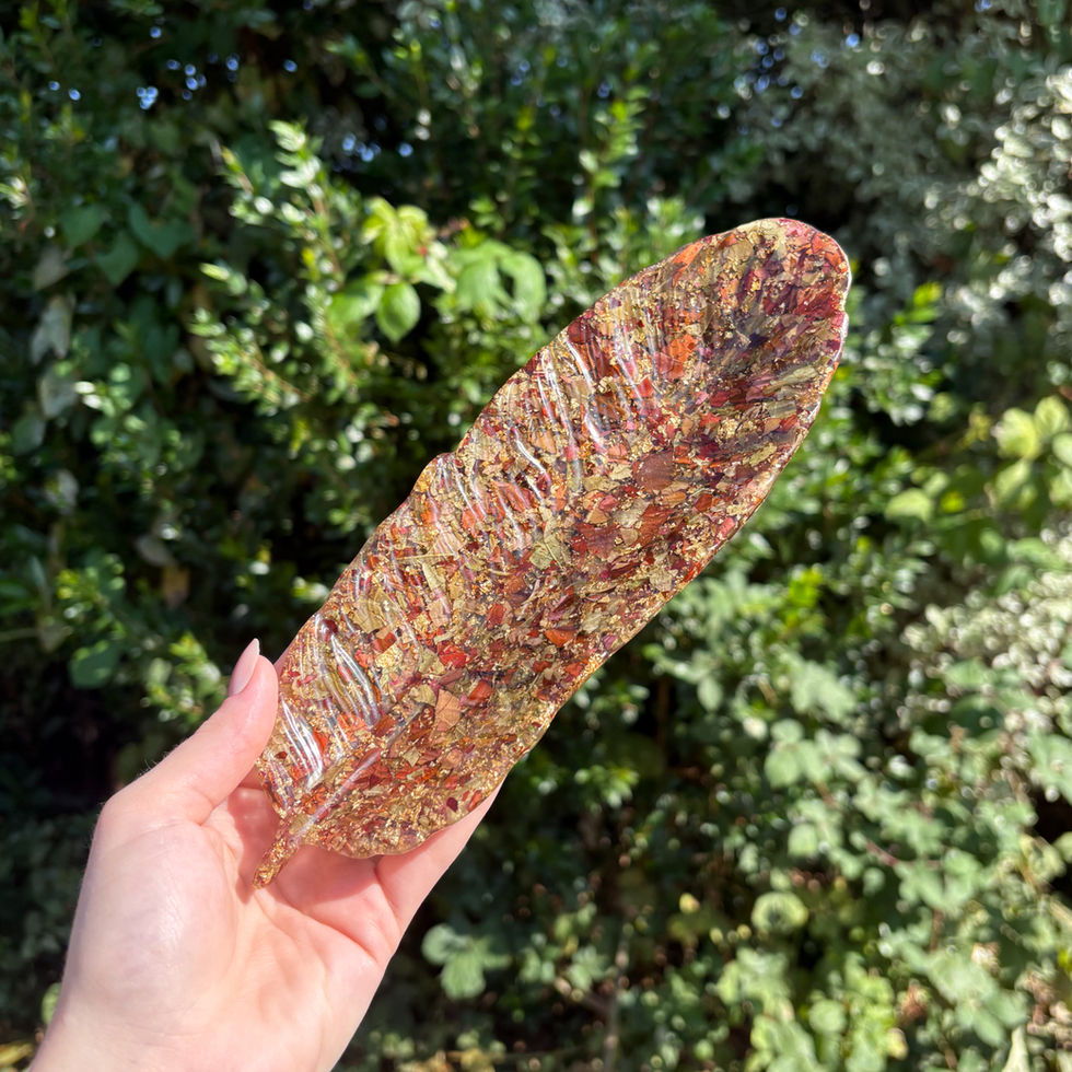 Handmade long leaf-shaped resin dish with green and red floral detailing