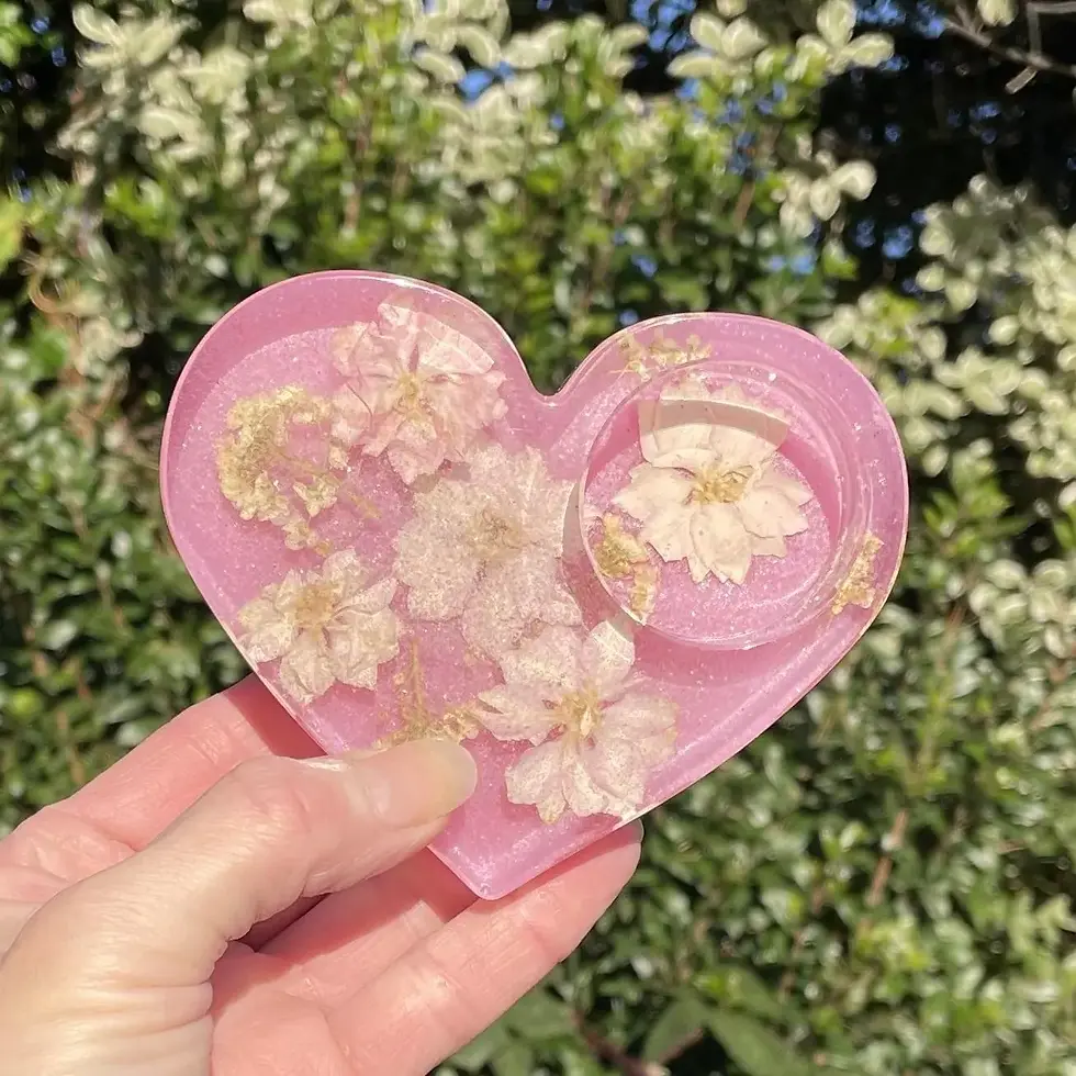 Clear resin heart tealight holder with embedded florals