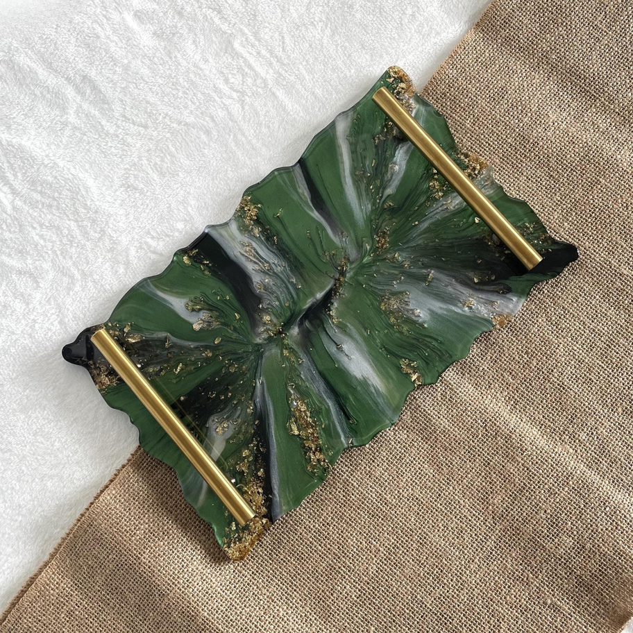 green marbled resin serving tray with gold handles