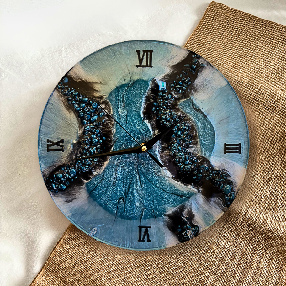 handcrafted blue resin wall clock with geode texture