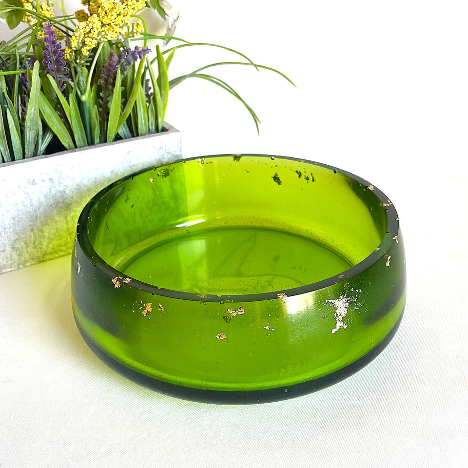 Artisan resin dish in translucent green with gold leaf for home decor