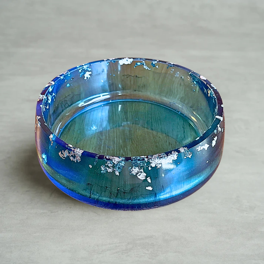 sheer blue resin decorative bowl with silver leaf