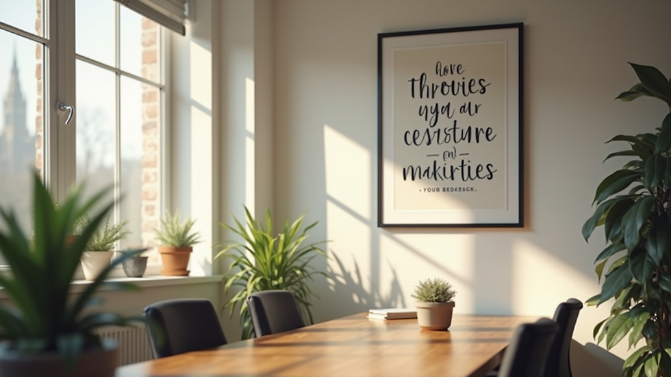 Eye-level view of a motivational quote displayed in a sunny office space