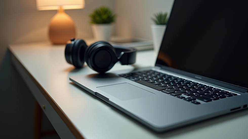 High angle view of a laptop and headphones on a desk