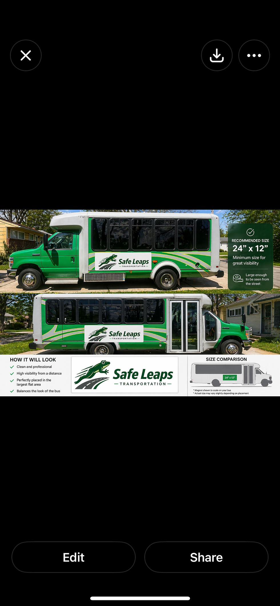 Safe Leaps Transportation vehicle, green and white accessible passenger bus