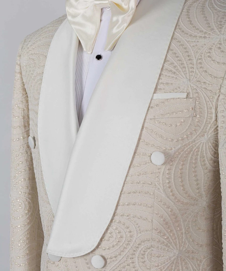 Thumbnail: WHITE GLOSSY PATTERNED CREAM DOUBLE BREASTED TUXEDO