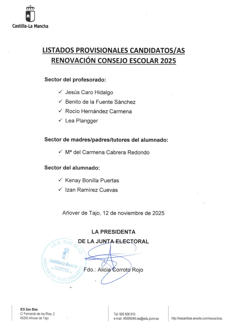 LISTADO PROVISIONAL CANDIDATURAS CONSEJO ESCOLAR
