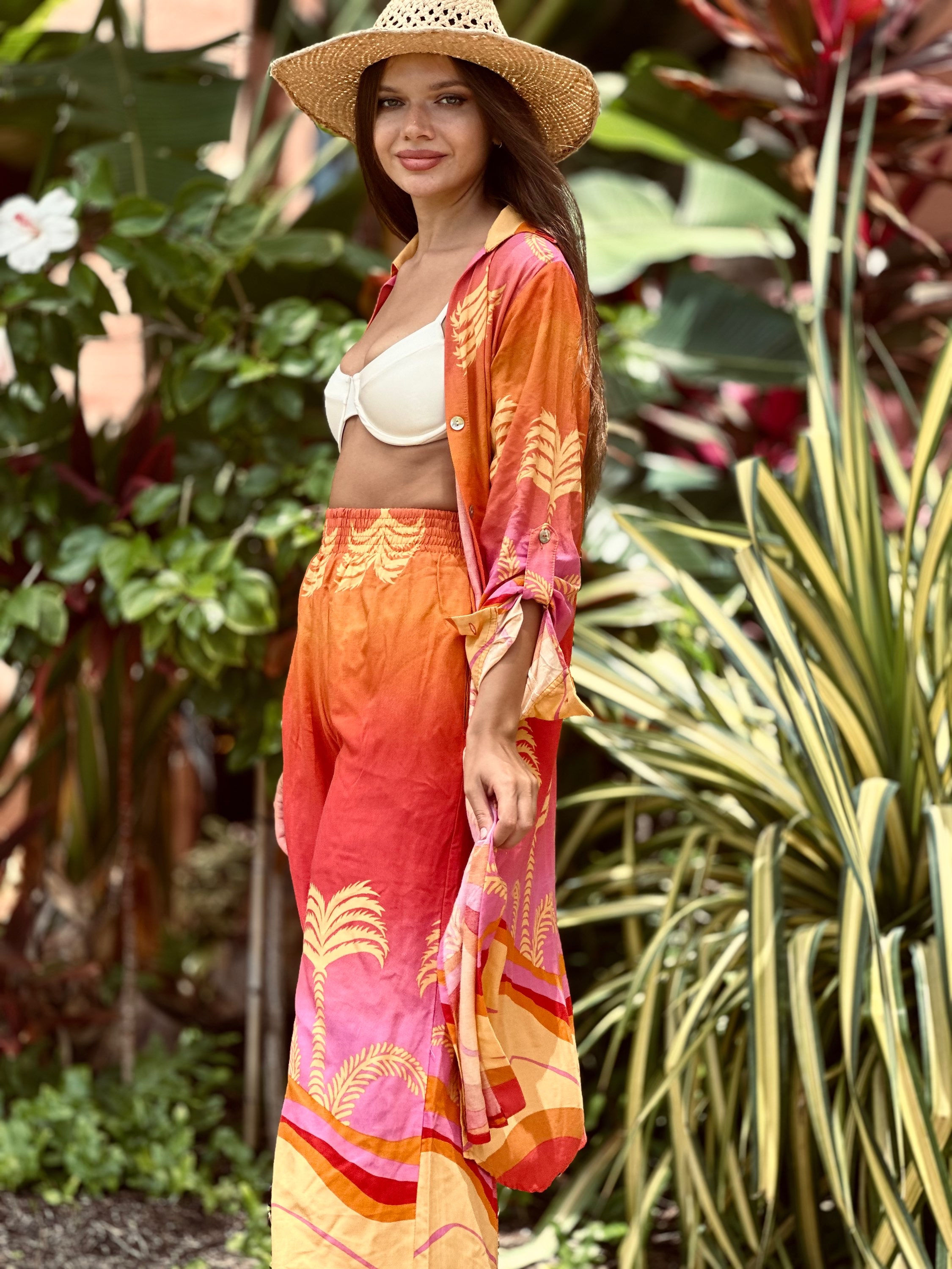 Tropicious" Windy Wide Leg Pants in Sunset Palm 
