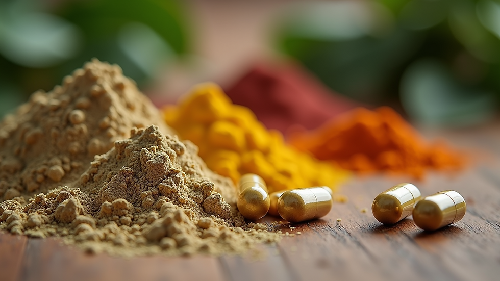 Eye-level view of herbal powders and capsules on a wooden table