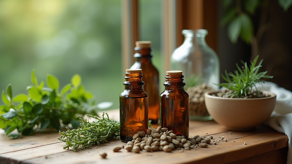 High angle view of herbal medicine bottles and fresh herbs on a wooden table