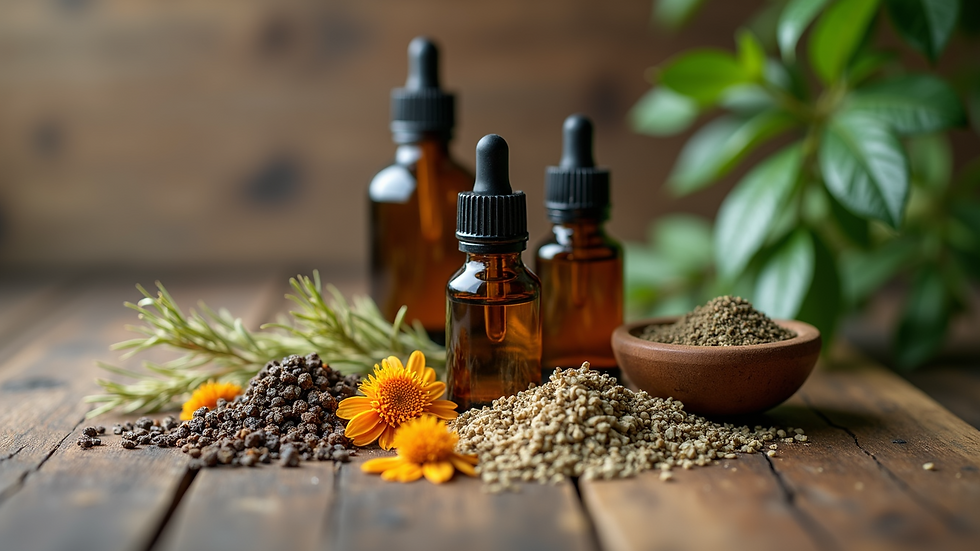 Eye-level view of herbal oils and dried herbs arranged on a rustic wooden surface