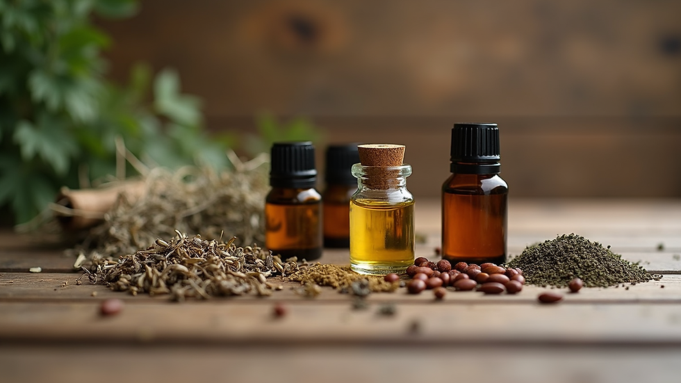 Eye-level view of dried herbs and essential oils arranged on a rustic wooden surface