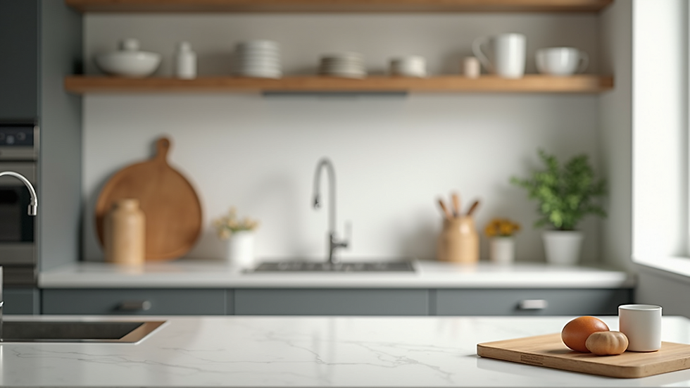 Wide angle view of a clean and organized kitchen countertop