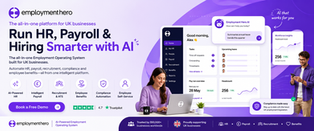 Employment Hero ad with purple HR dashboard, two people using laptop and phone, and text: Run HR, Payroll & Hiring Smarter with AI