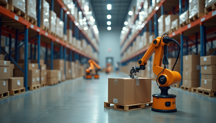 Close-up view of a warehouse with AI-powered robots sorting packages