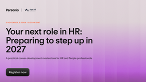 Event poster by Personio and Agile HR Community for Your next role in HR: Preparing to step up in 2027, with Register now on purple gradient