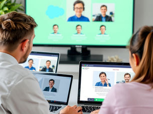 Two coworkers watch a video interview on laptops and a large TV, in a bright office with a green screen and remote faces.