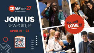 DEAMcon27 event poster with smiling conference attendees, Join Us in Newport, RI, April 21–23, and a QR code.