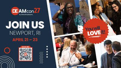 DEAMcon27 event poster with smiling conference attendees, Join Us in Newport, RI, April 21–23, and a QR code.