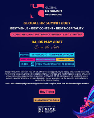 Global HR Summit 2027 poster on dark blue, with pink and gold text, date May 04-05, topics, Buy Ticket, and globalhrsummit.org