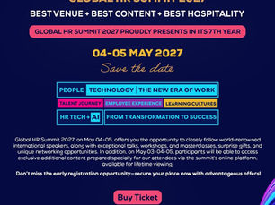 Global HR Summit 2027 poster on dark blue, with pink and gold text, date May 04-05, topics, Buy Ticket, and globalhrsummit.org