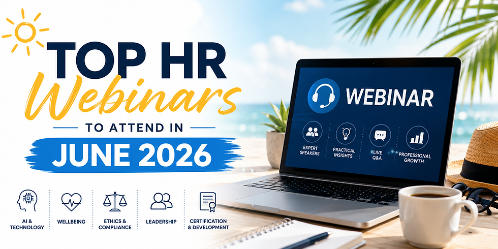 Top HR Webinars to Attend in June 2026 promo with laptop showing webinar icons, beach backdrop, coffee cup and summer mood.