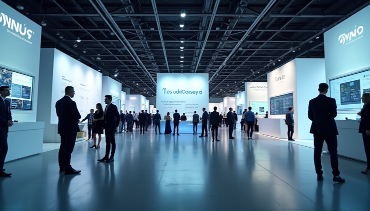 High angle view of a modern expo floor with HR technology booths and attendees exploring
