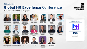 Poster for 15th Annual Global HR Excellence Conference, 3-5 November 2026 in Singapore, with speaker headshots and Marcus Evans logo.