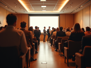 Audience seated in a warm-lit conference room, watching two presenters talk before a blank projection screen.