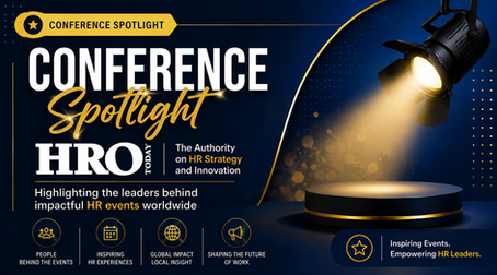 Conference Spotlight poster with a lit stage spotlight and text promoting HRO Today HR strategy and innovation.