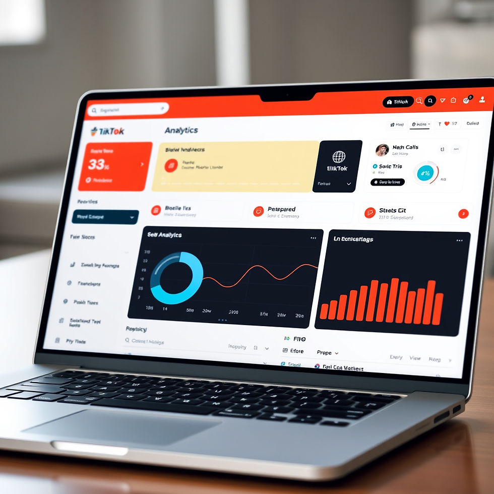 !High angle view of a laptop screen showing TikTok Shop analytics dashboard
