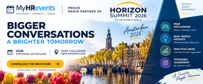 Promotional banner for Horizon Summit 2026 in Amsterdam with canal skyline, tulips, and event highlights.
