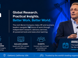 Josh Bersin onstage in a blue-lit conference graphic with The Josh Bersin Company, Global Research, and Irresistible 2026 text.