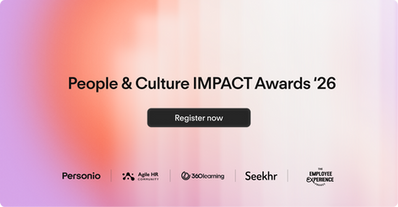 Promo banner for People & Culture IMPACT Awards ’26 with Register now button and sponsor logos on a pink-orange gradient.