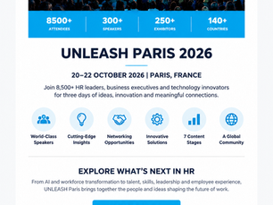 MyHRevents promo poster for UNLEASH Paris 2026, showing a packed conference hall, speaker stage, and Register Now button.