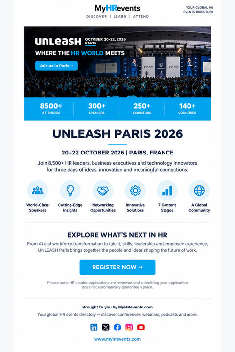MyHRevents promo poster for UNLEASH Paris 2026, showing a packed conference hall, speaker stage, and Register Now button.