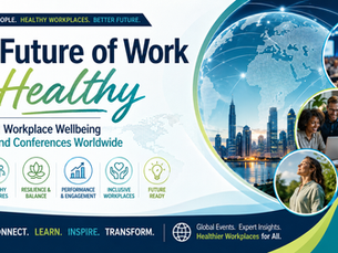 Workplace wellbeing summit poster with globe, city skyline, diverse professionals, and slogans about healthy workplaces.
