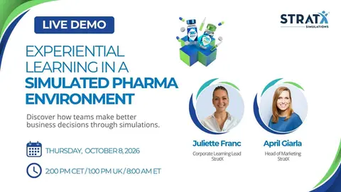StratX Simulations promo slide for a live demo: experiential learning in a simulated pharma environment, with date and time and speaker photos.