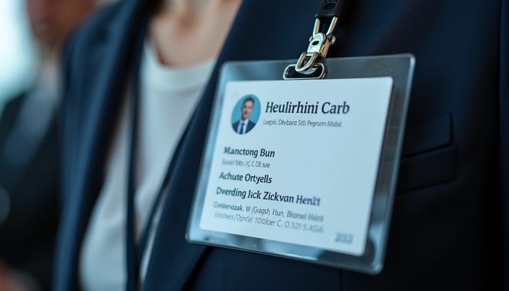 Close-up view of a conference badge with the event name and attendee details