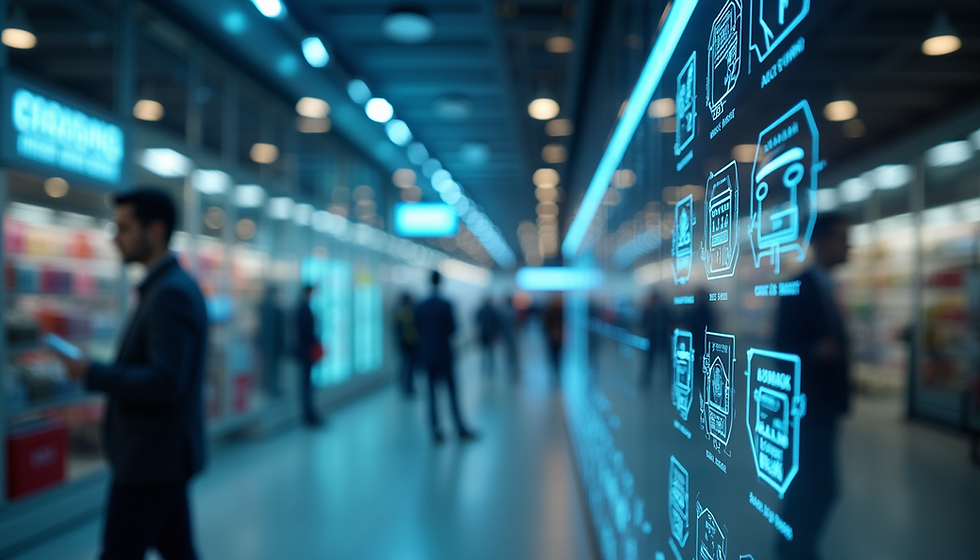 Eye-level view of a futuristic digital marketplace interface with AI-driven product recommendations