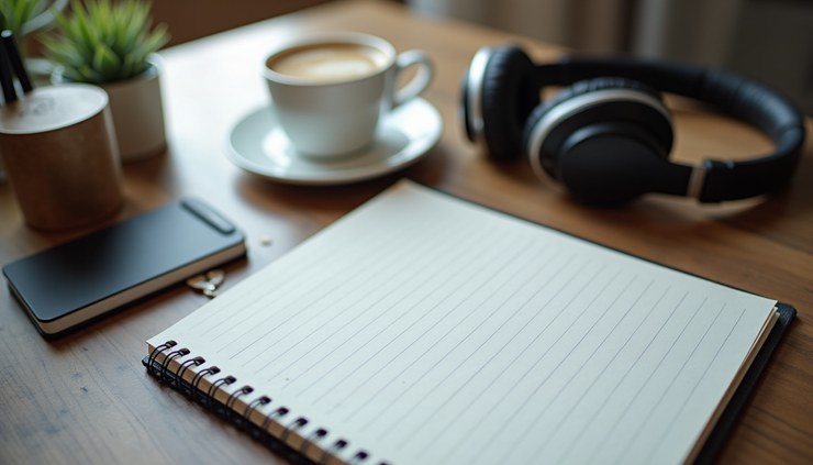 High angle view of a desk with a notebook, coffee cup, and headphones ready for a webinar