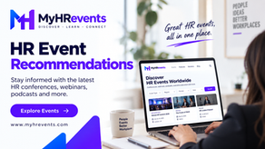 MyHRevents HR event recommendations ad with laptop, coffee mug, and woman browsing events; text reads Great HR events, all in one place.
