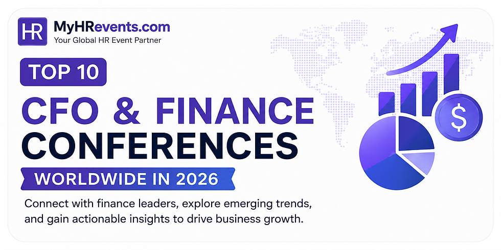 MyHRevents.com poster for Top 10 CFO & Finance Conferences Worldwide in 2026, with charts, dollar icon, and rising arrow.