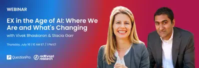 Webinar banner for EX in the Age of AI with Stacia Garr and Vivek Bhaskaran on a blue-to-red background.