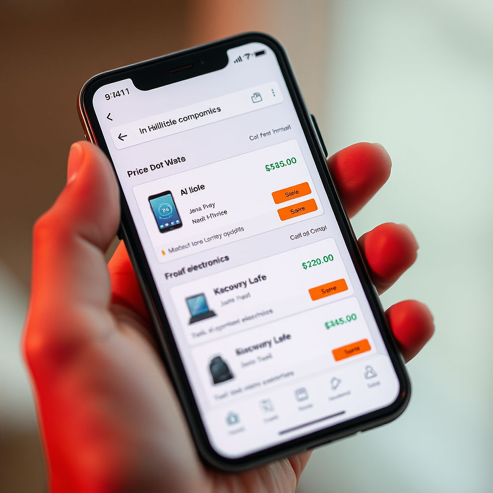 !Close-up view of a smartphone showing AI-driven price comparison results for electronics