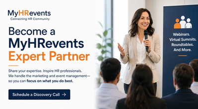 Woman speaks at HR event with microphone beside MyHRevents banner; text says Become a MyHRevents Expert Partner.