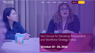 ProcureCon Total Talent Asia event page showing two women talking at a table; text: October 19-20, 2026, One Farrer Hotel, Singapore