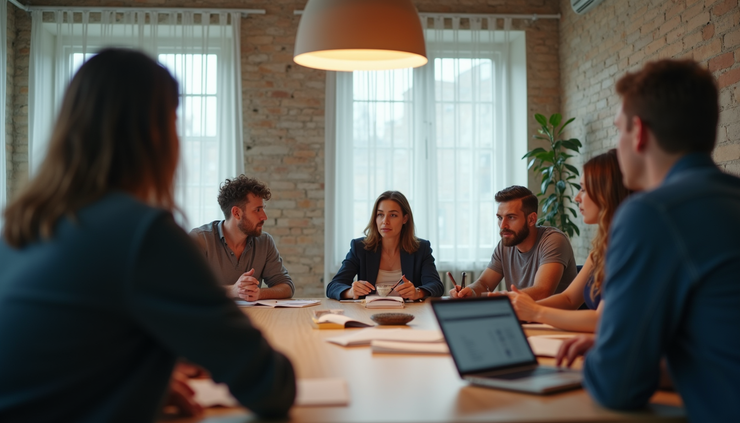 Close-up view of a workshop room with participants discussing around a table