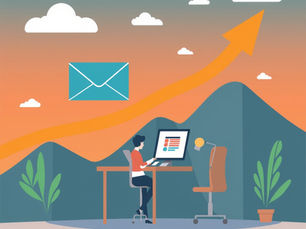 Person at desk with computer under an envelope icon, while a rising arrow climbs over mountain shapes and clouds.