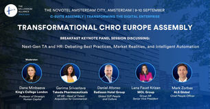 Blue conference poster for Transformational CHRO Europe Assembly in Amsterdam, with five speaker portraits and event details.